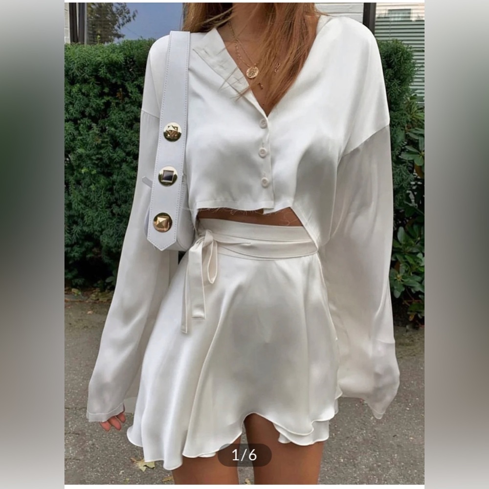 COMMENSE Satin Raw Hem Tied Two Piece Skirt Set